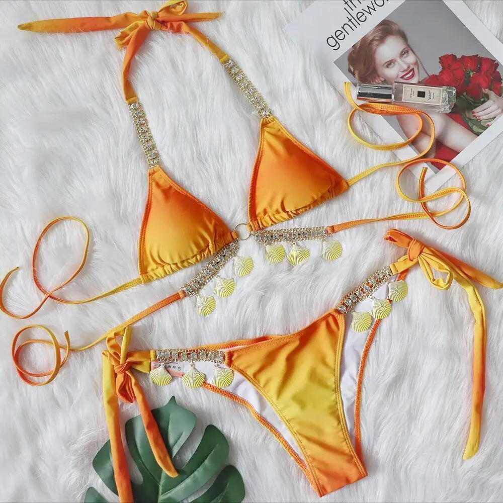 AMEHE Luxury Rhinestone Crystal Two-Piece Thong Bikini Swimsuit