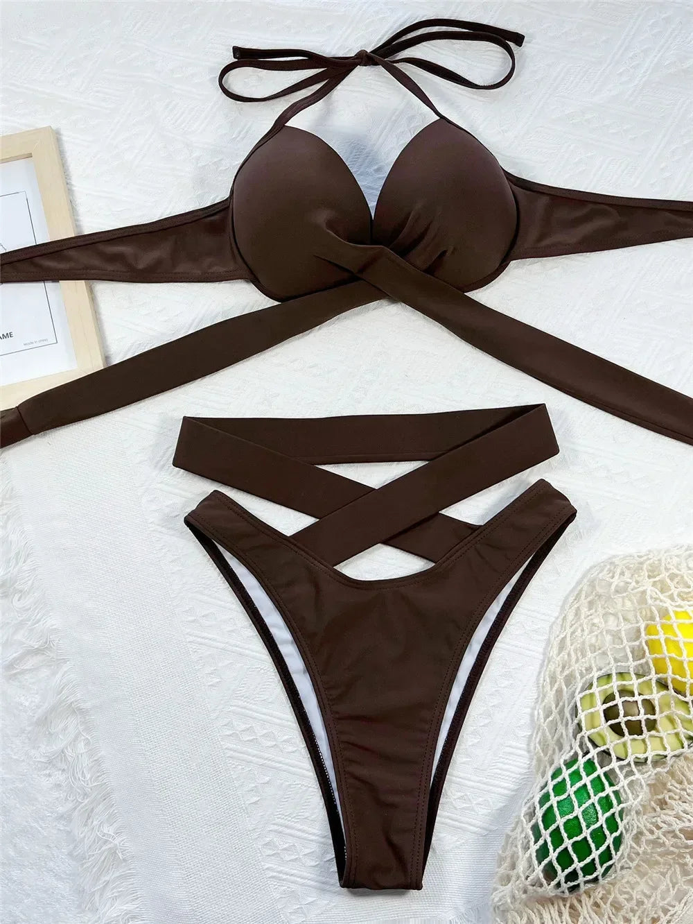 AMEHE Black High-Waisted Halter Push-Up Bikini Swimwear