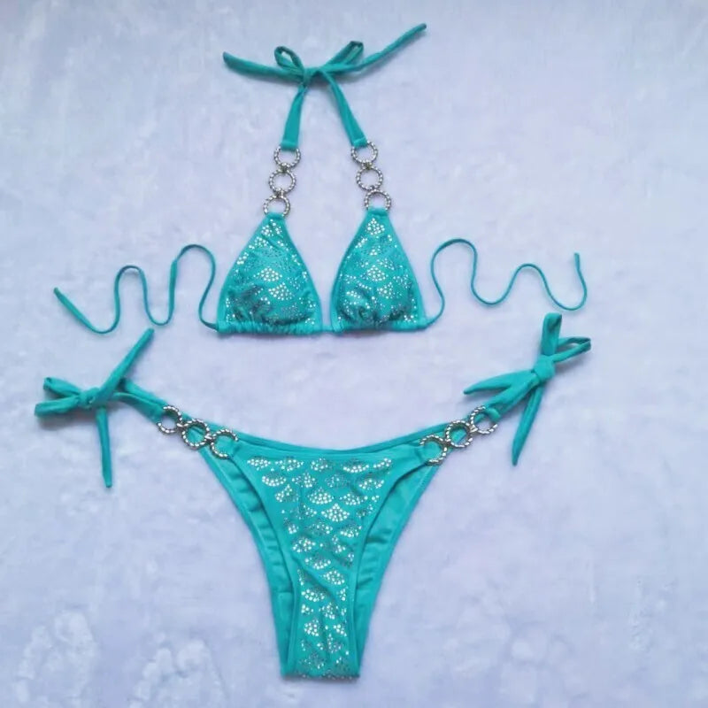 AMEHE Luxury Rhinestone Crystal Two-Piece Thong Bikini Swimsuit