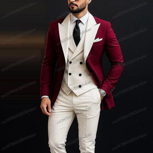 AMEHE Men’s Burgundy & White 3-Piece Wedding Tuxedo