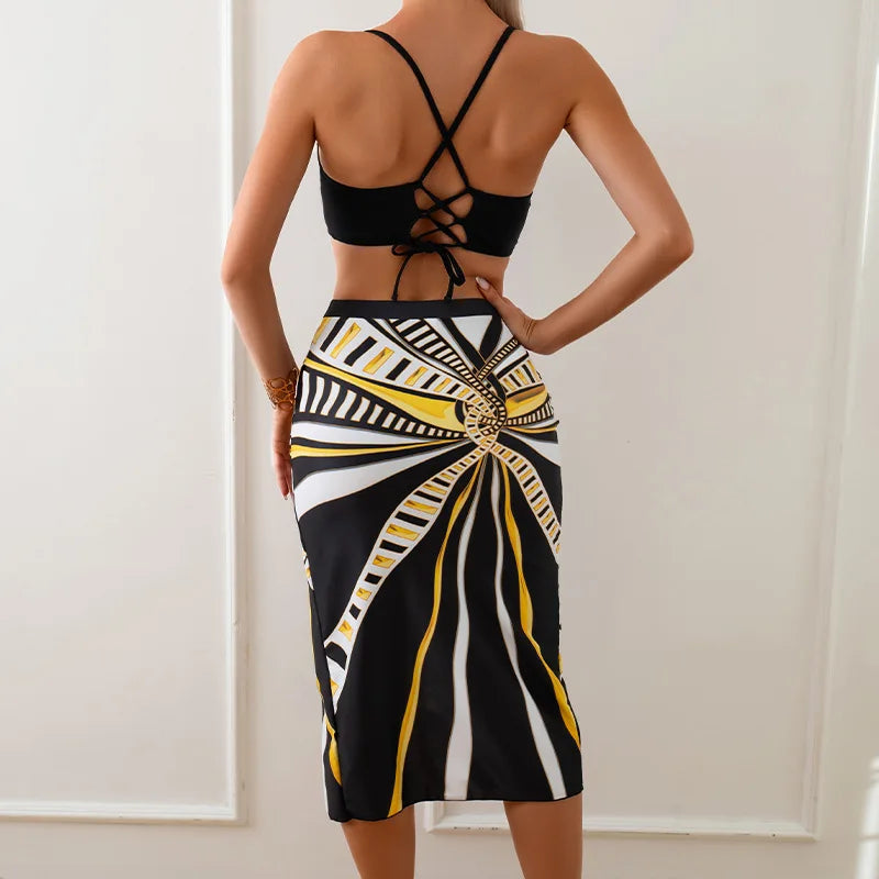 AMEHE High-Waist Push-Up Bikini Set with Beach Dress