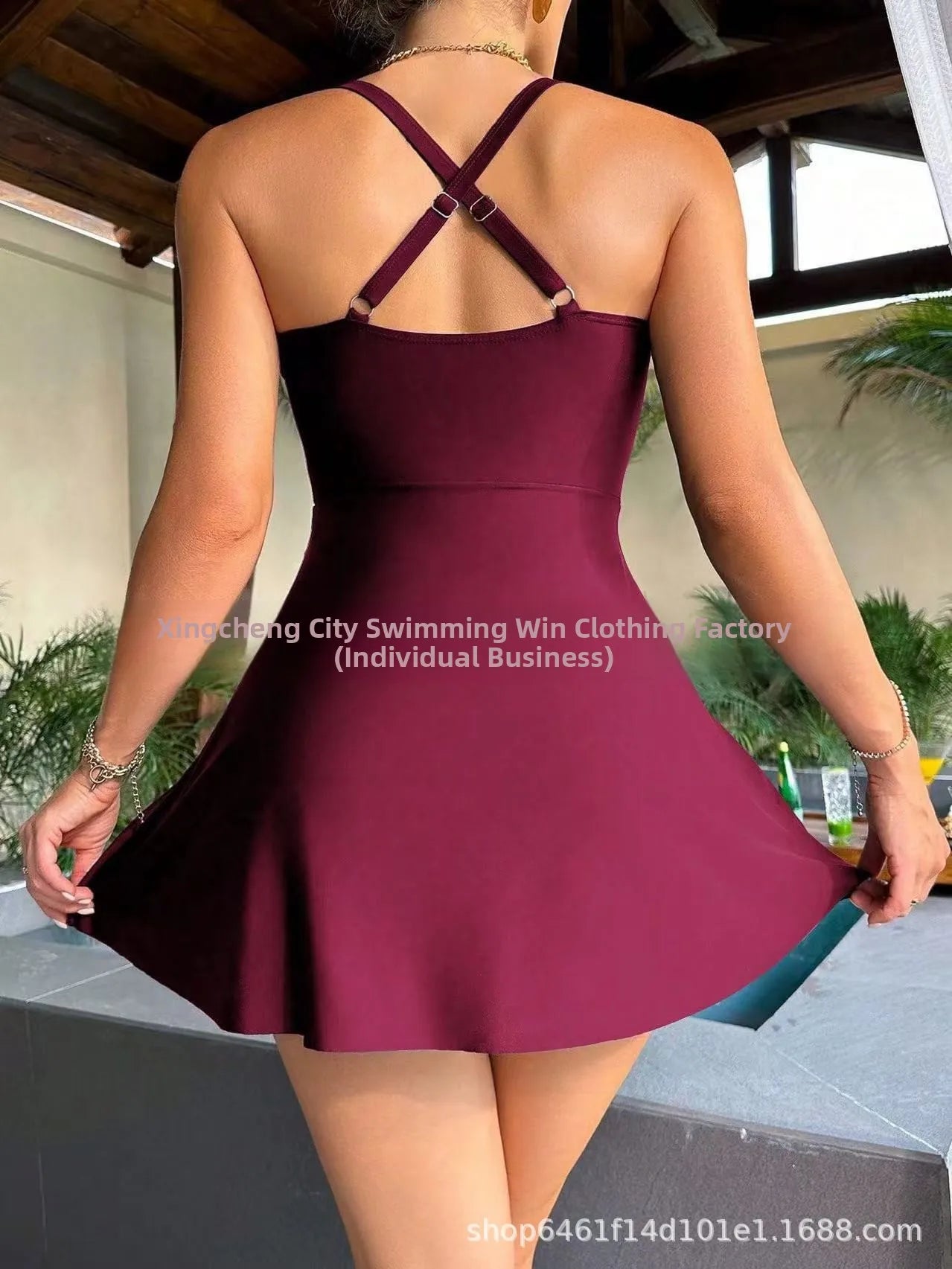 AMEHE Solid Color Cross-Back Waist-Cinched One-Piece Swimsuit Dress