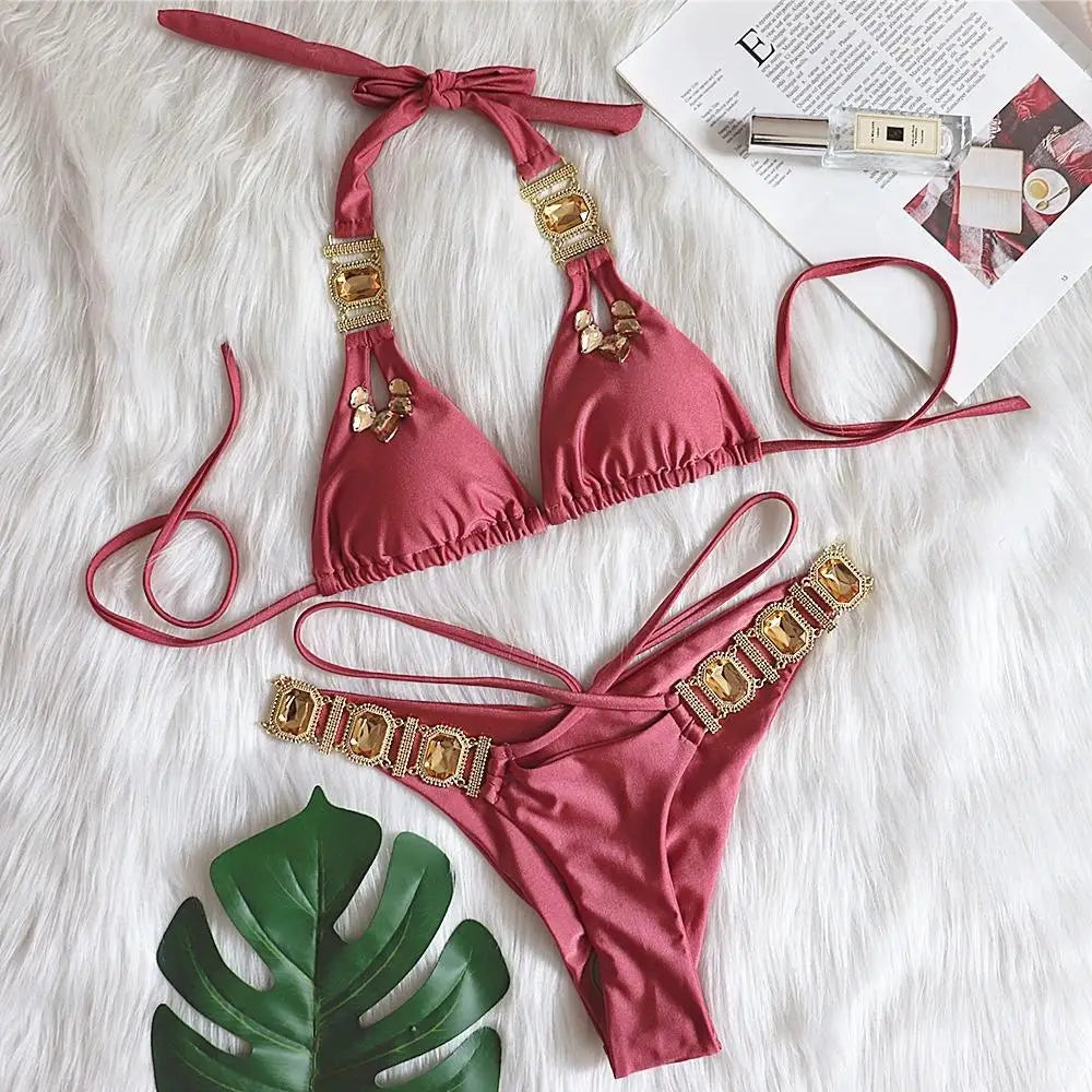 AMEHE Luxury Rhinestone Crystal Two-Piece Thong Bikini Swimsuit