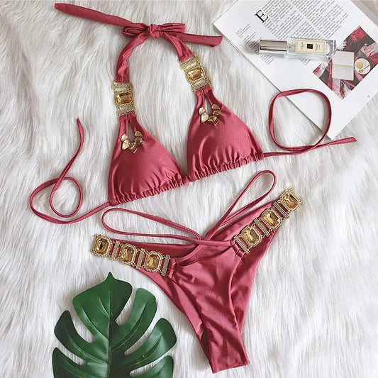 AMEHE Luxury Rhinestone Crystal Two-Piece Thong Bikini Swimsuit