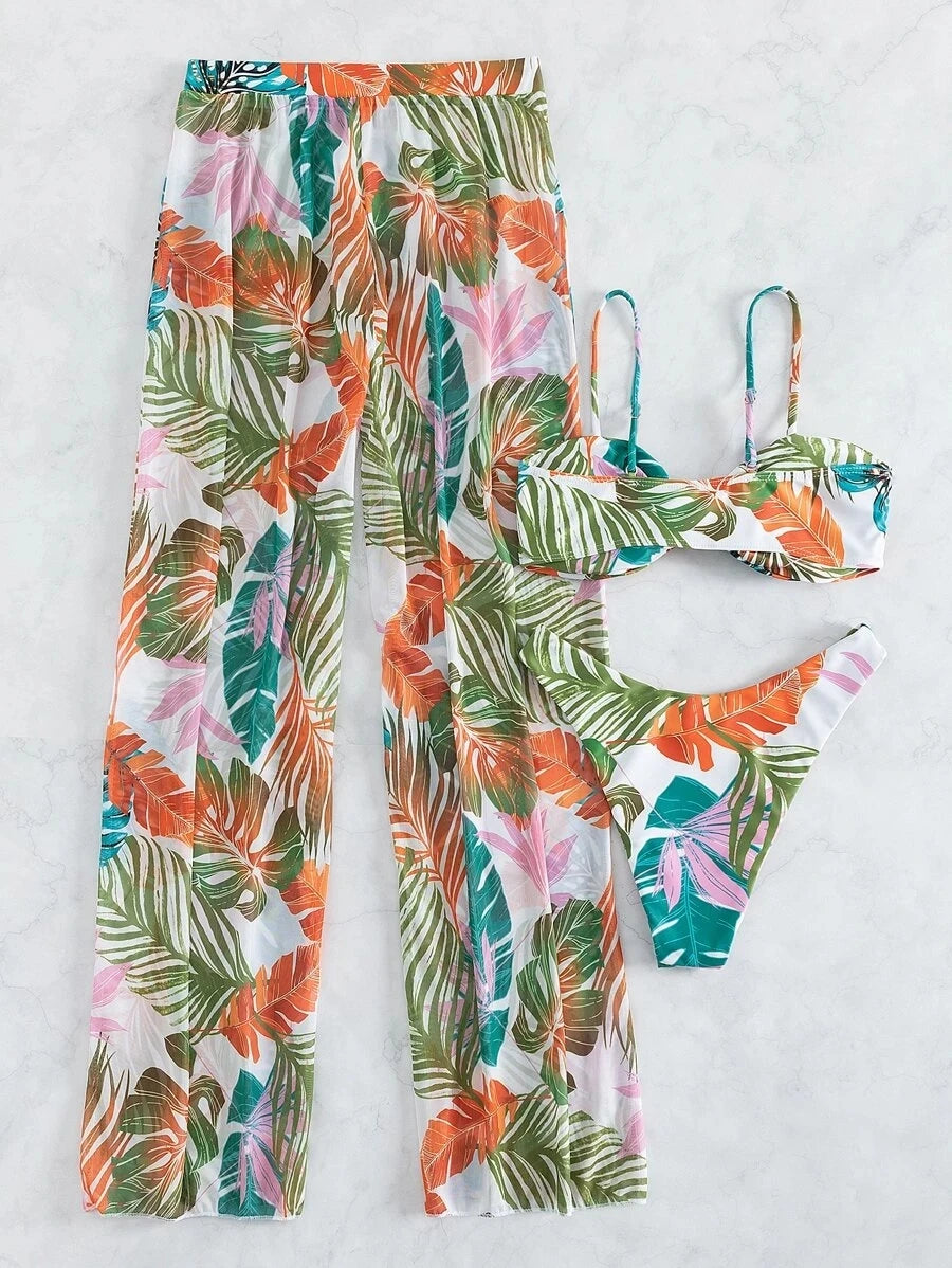 AMEHE 3-Piece Strappy Printed Bikini Set with Beach Pants