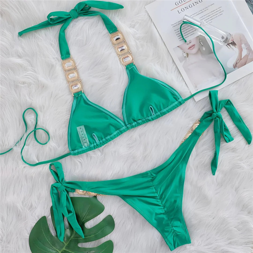 AMEHE Rhinestone Halter Two-Piece Bikini Swimsuit