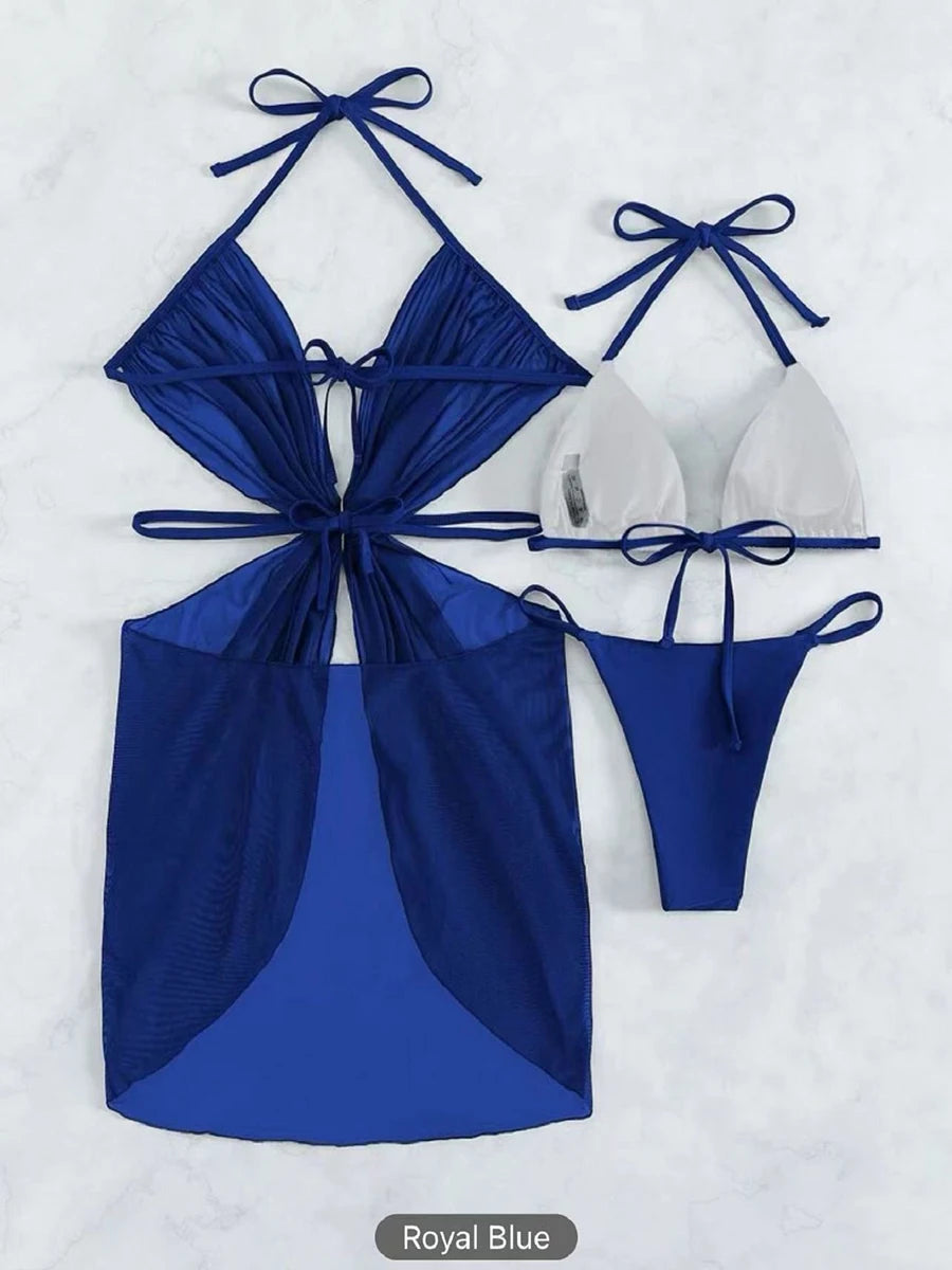 AMEHE 3-Piece Halter String Bikini Set with Cover-Up