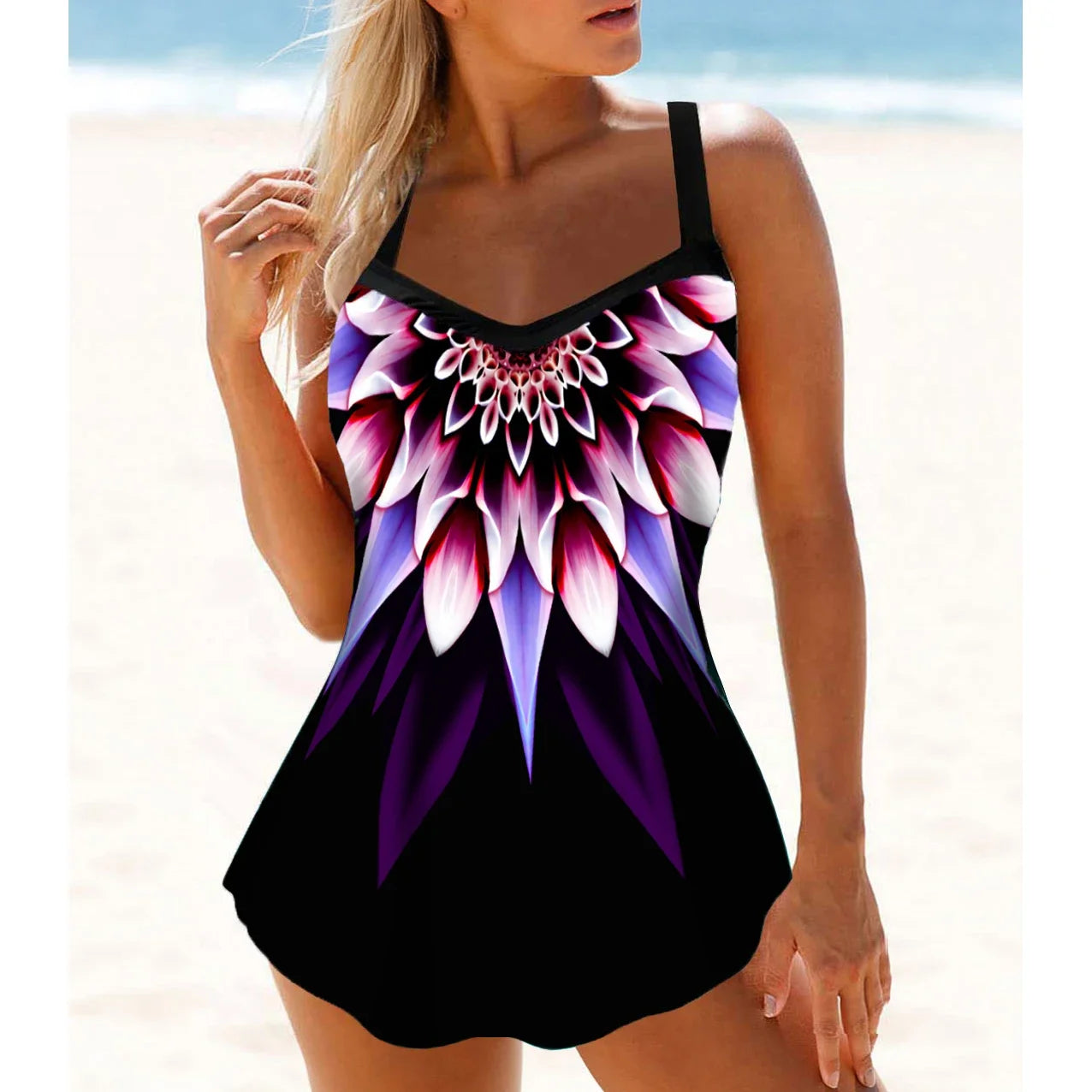AMEHE Peony Flower Print Two-Piece Tankini Swimsuit (S–6XL)