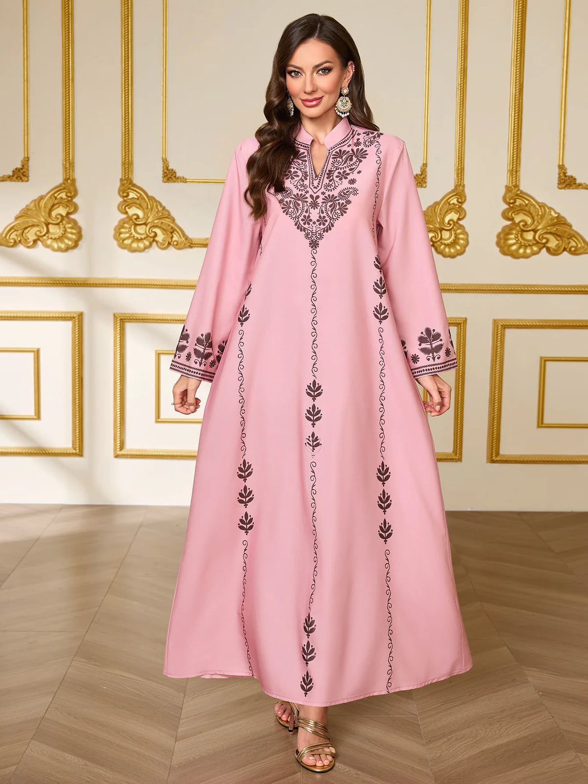 Women’s Printed Dubai-Inspired Abaya Robe – Elegant V-Neck Long Modest Dress