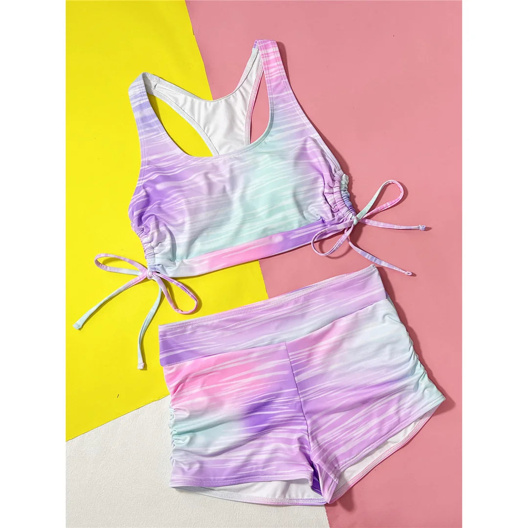 AMEHE Tie-Dye High-Waist Lace-Up Two-Piece Bikini Shorts Swimsuit