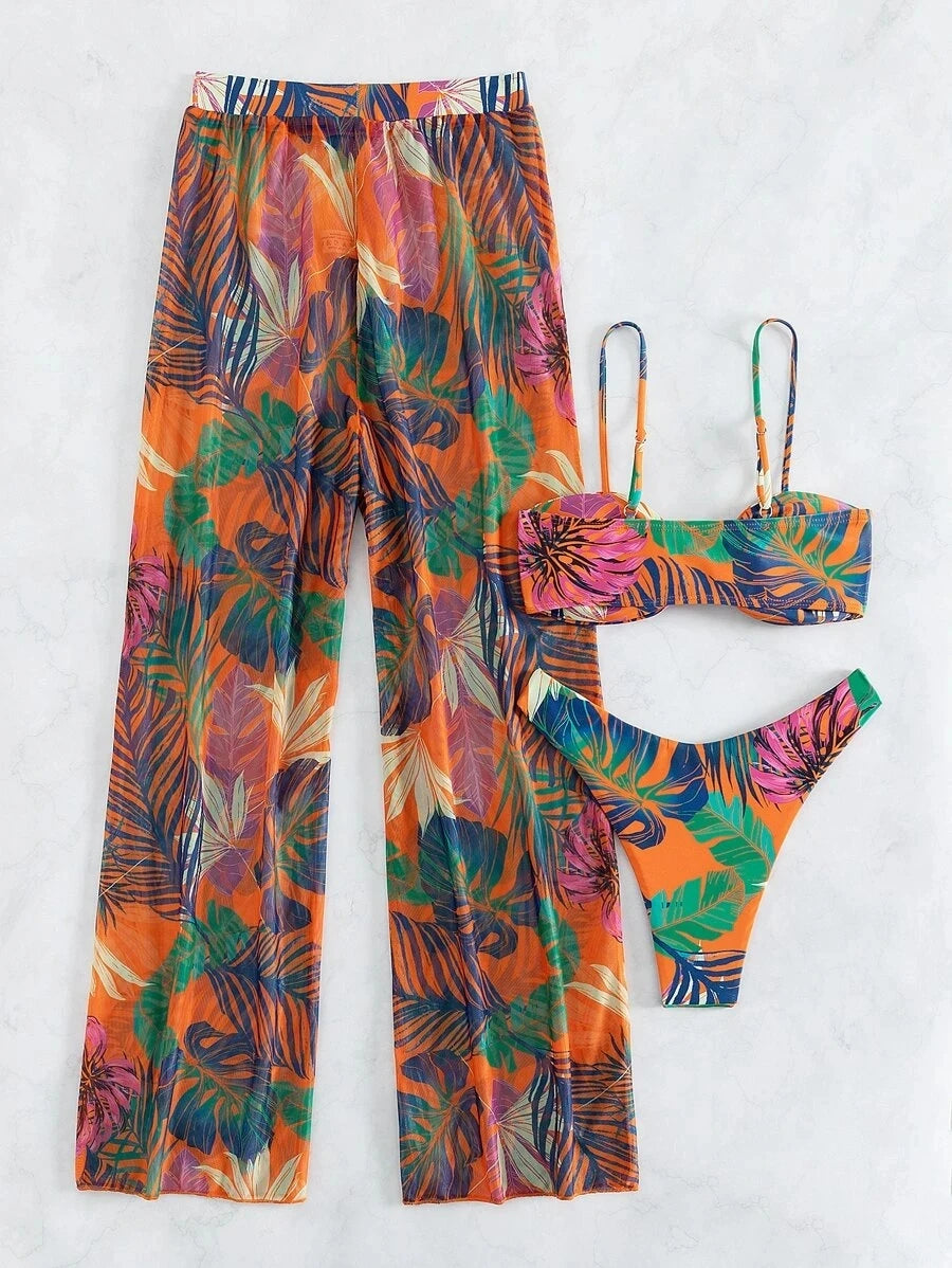 AMEHE 3-Piece Strappy Printed Bikini Set with Beach Pants