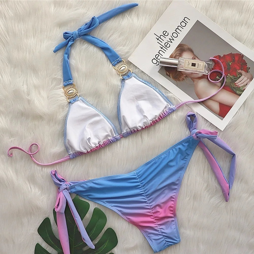 AMEHE Luxury Rhinestone Crystal Two-Piece Thong Bikini Swimsuit