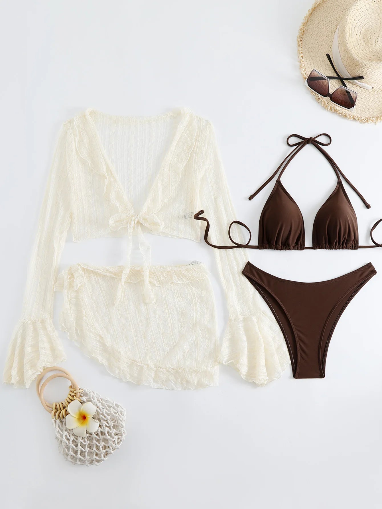 AMEHE 4-Piece Brown Bikini Set with Flared Sleeves and Lace Cover-Up