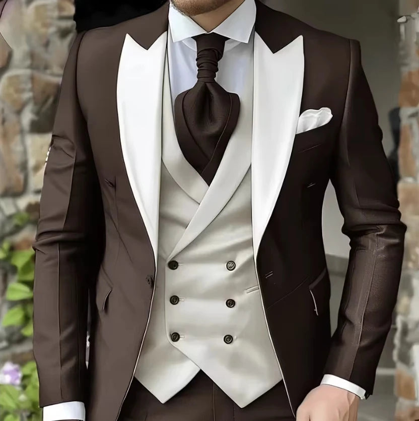 AMEHE Men’s White 3-Piece Tuxedo Suit – Blazer, Vest & Pants