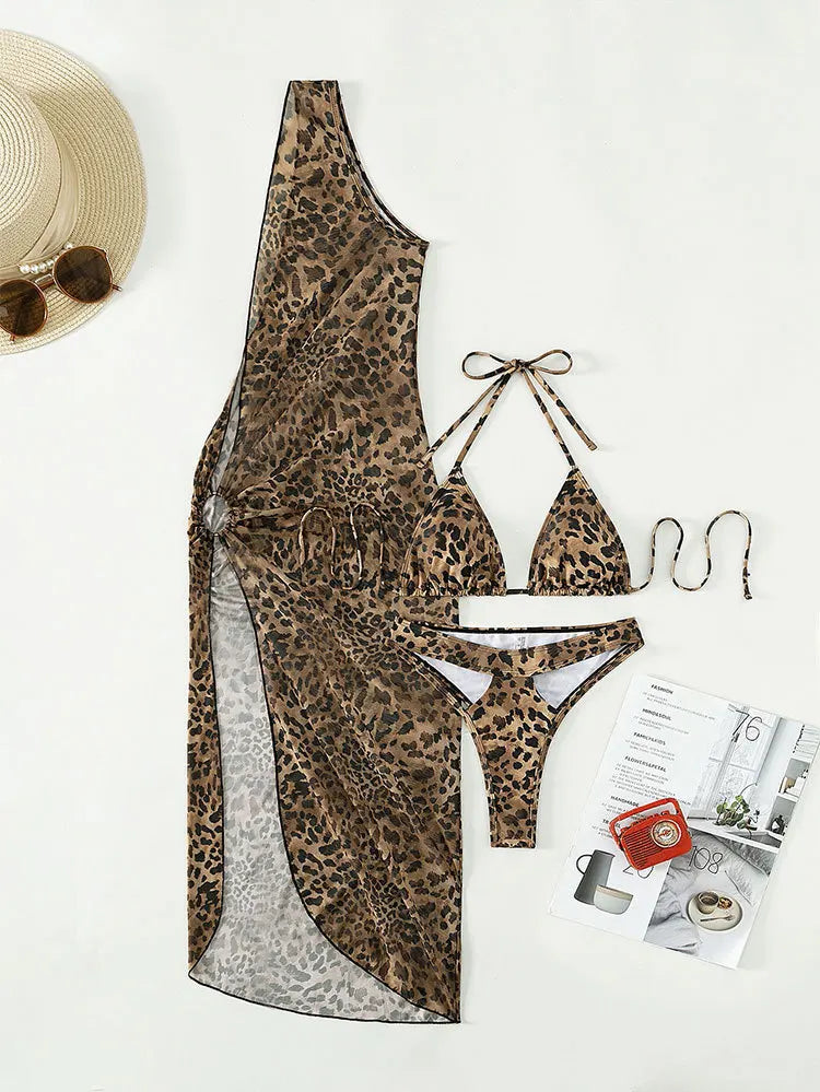 AMEHE 3-Piece Leopard Print Bikini with Mesh Beach Skirt