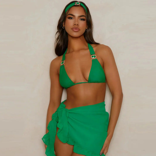 AMEHE Rhinestone Halter Bikini with Beach Skirt – 3-Piece Swimwear Set