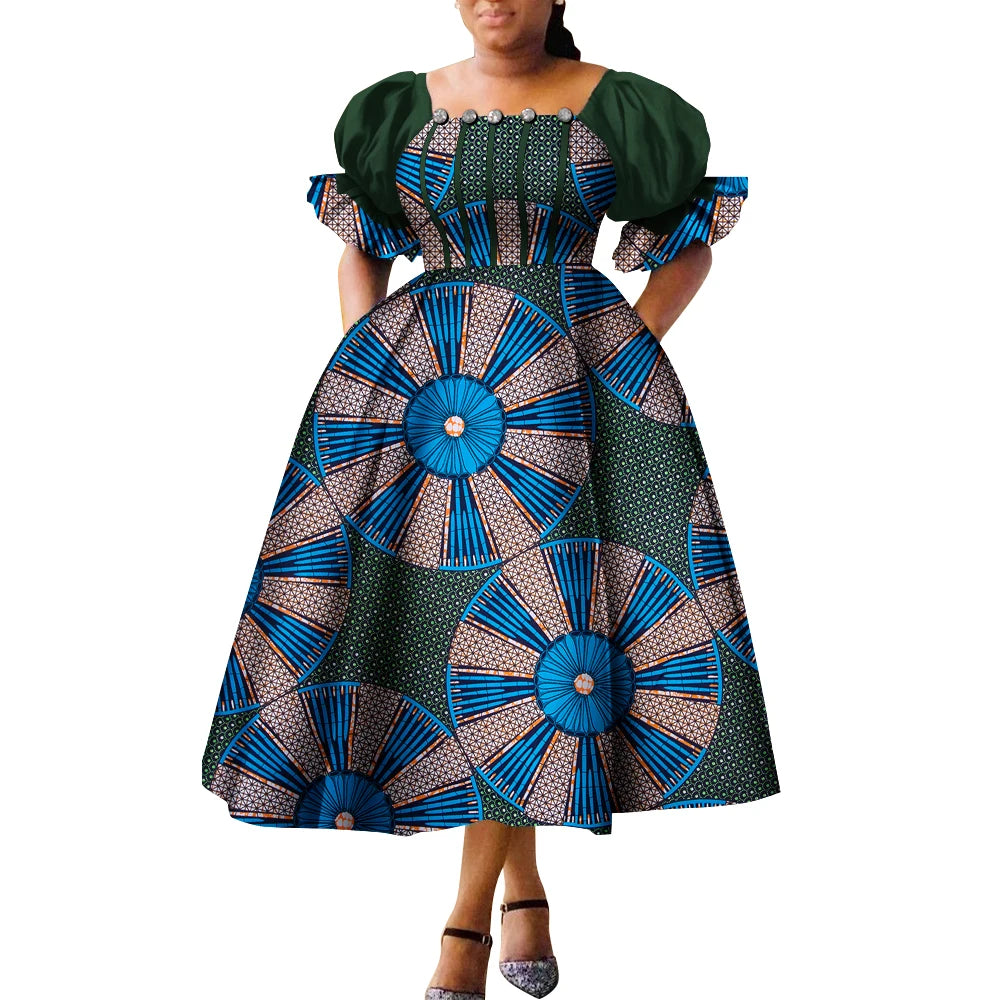 Women’s African Print Puff Sleeve Maxi Dress – High Waist Princess Gown