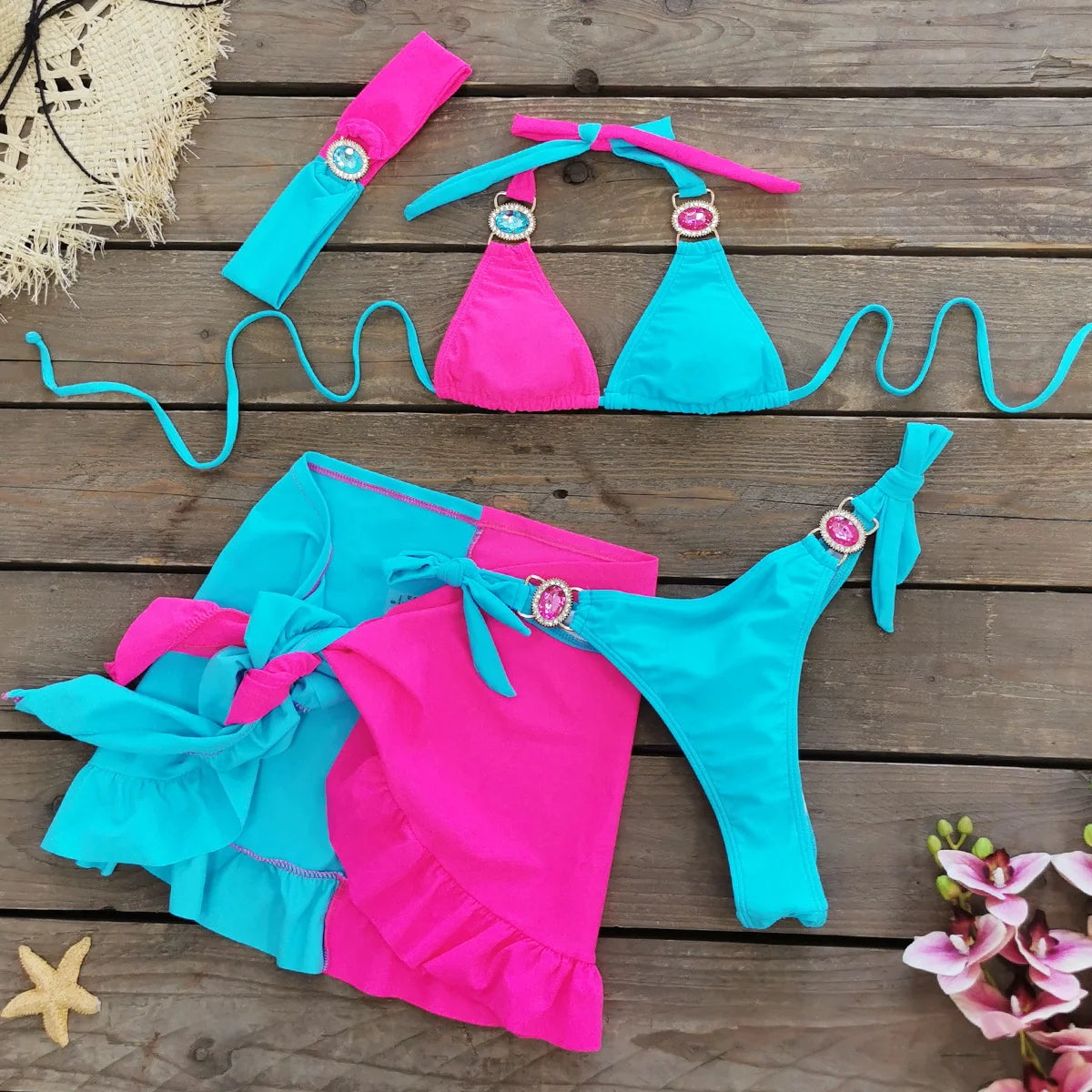 AMEHE Rhinestone Halter Bikini with Beach Skirt – 3-Piece Swimwear Set