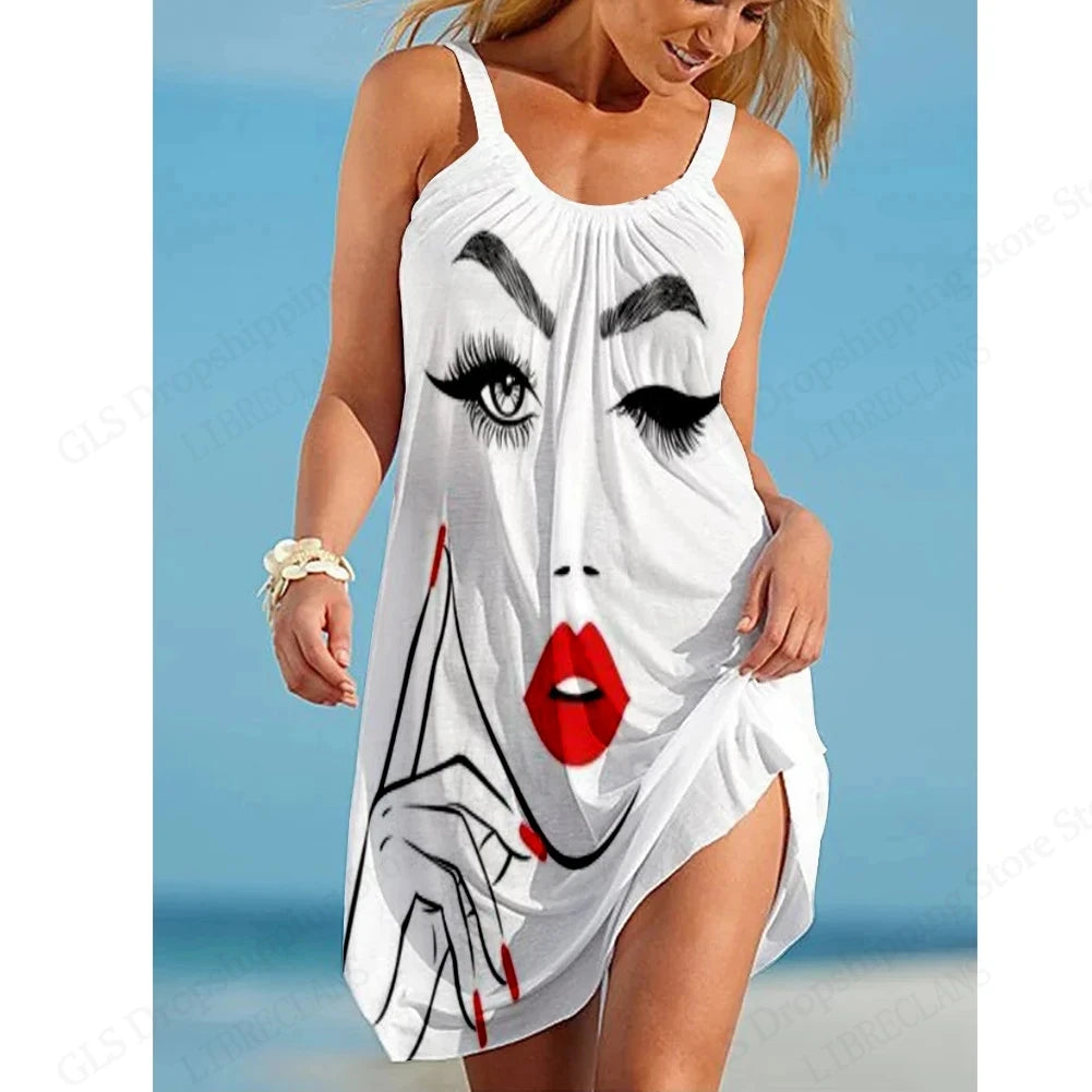 Women’s African Face Print Mini Sundress – Sleeveless Bohemian Beach Dress