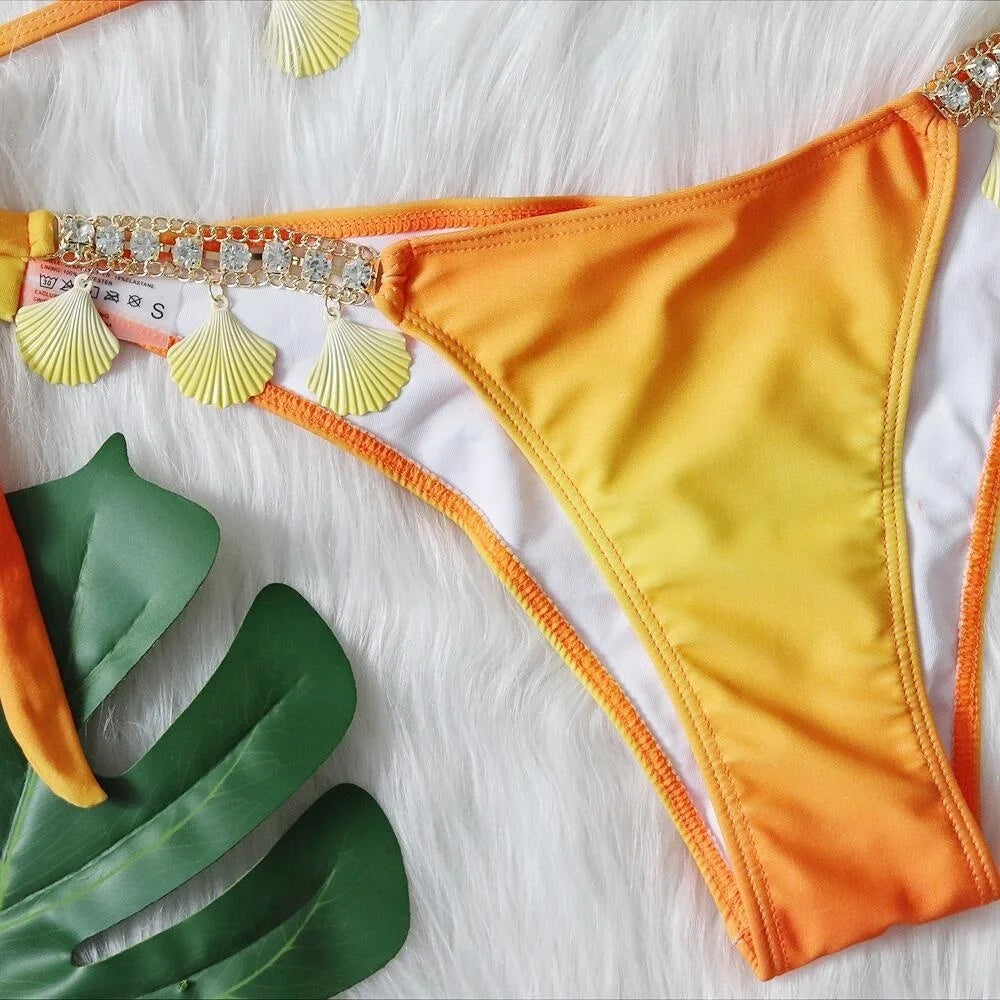 AMEHE Luxury Rhinestone Crystal Two-Piece Thong Bikini Swimsuit