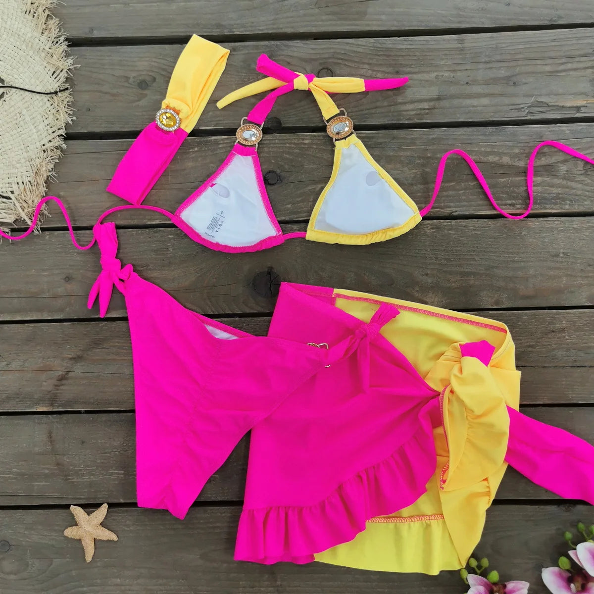 AMEHE Rhinestone Halter Bikini with Beach Skirt – 3-Piece Swimwear Set