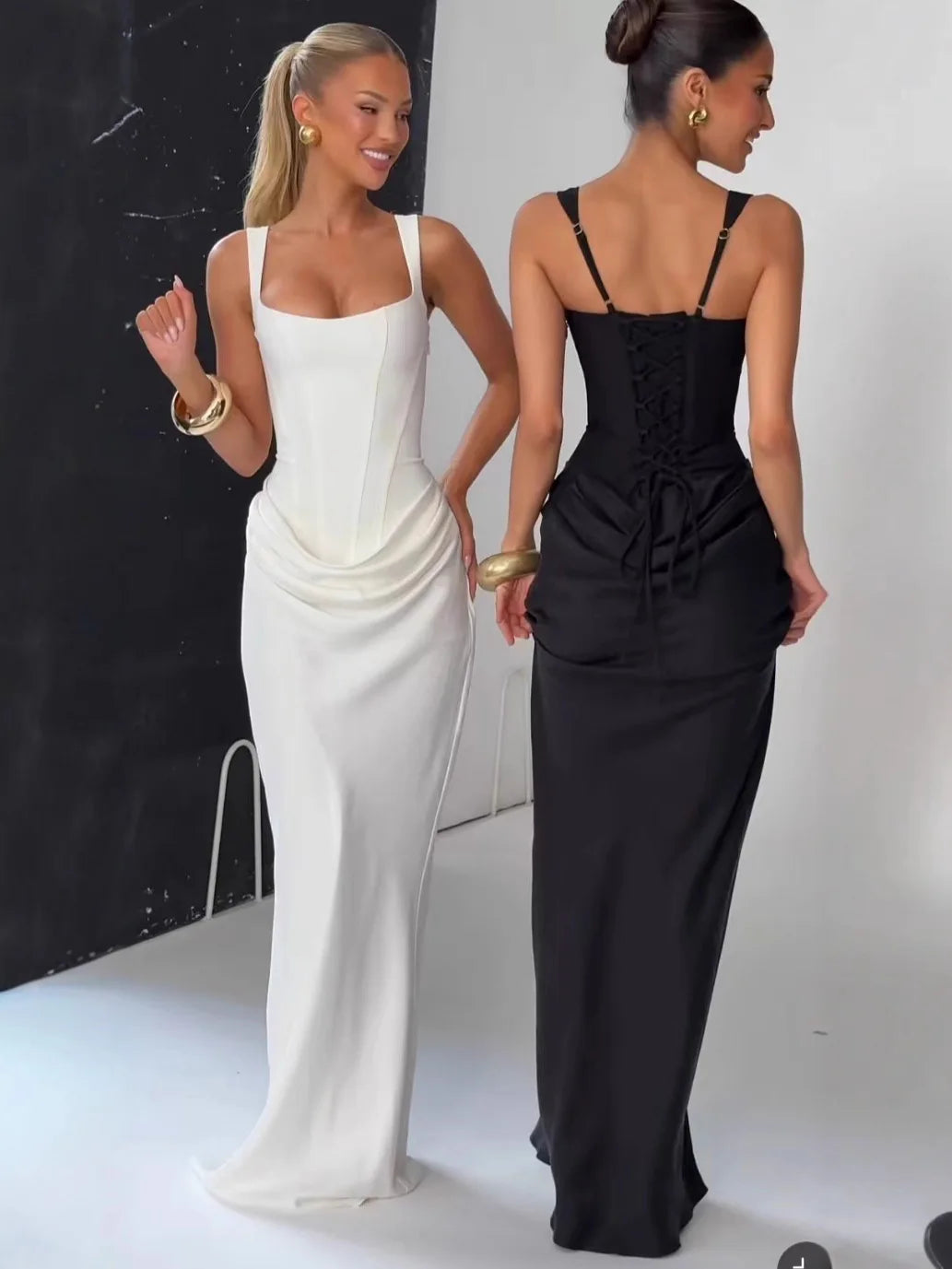 AMEHE Women's U-Neck Backless Ruched Bodycon Maxi Evening Dress