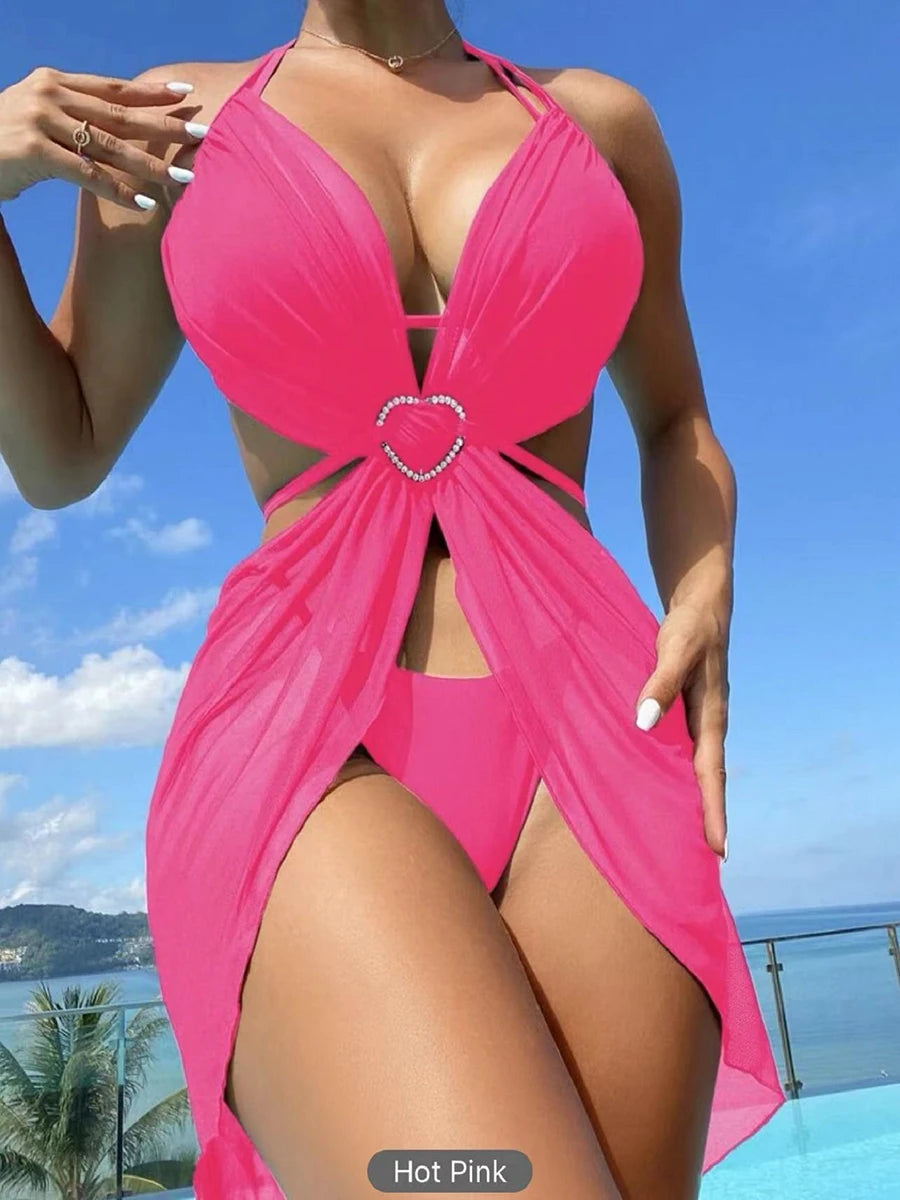 AMEHE 3-Piece Halter String Bikini Set with Cover-Up
