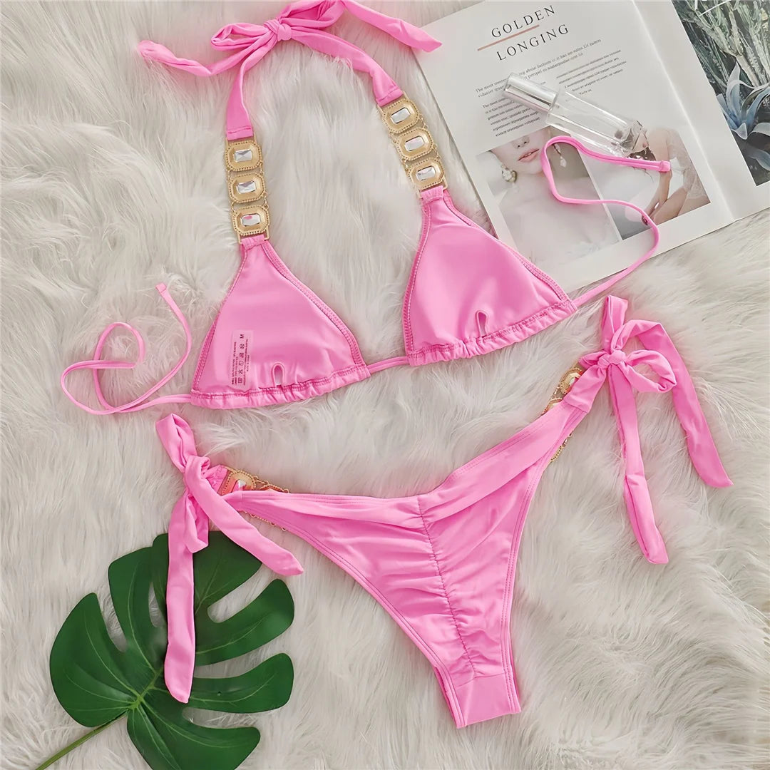 AMEHE Rhinestone Halter Two-Piece Bikini Swimsuit
