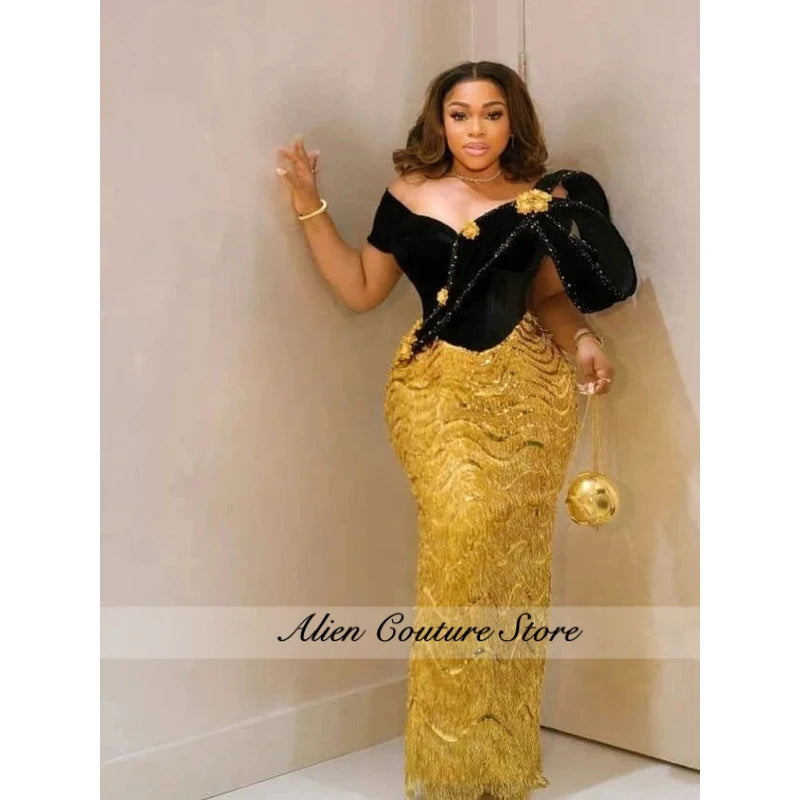 Women’s Black & Gold Velvet Mermaid Evening Gown – Luxury Formal Wedding & Prom Dress