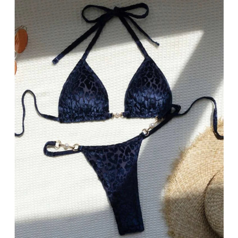 AMEHE Leopard Print Velvet Halter Two-Piece Bikini Swimsuit
