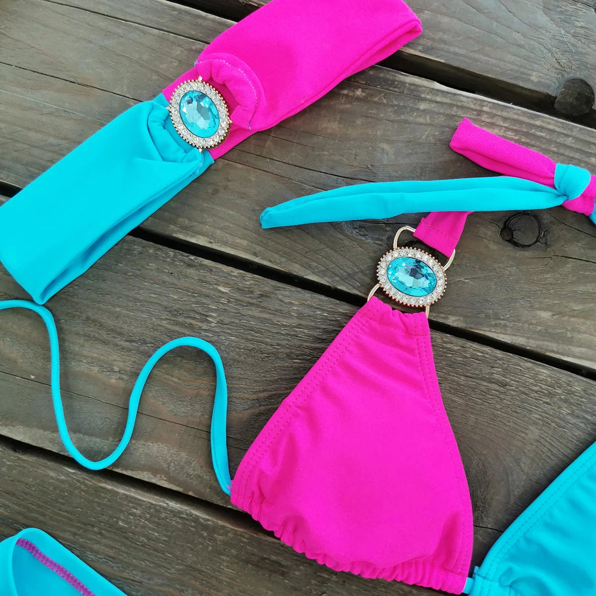 AMEHE Rhinestone Halter Bikini with Beach Skirt – 3-Piece Swimwear Set