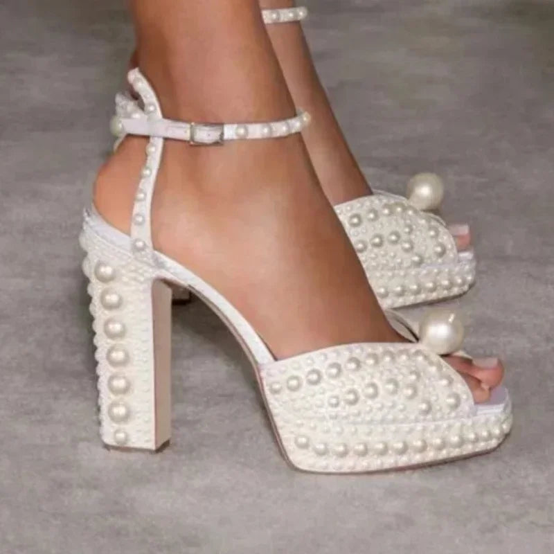 Luxury Beaded Thick Heel Sandals – Open Toe Style