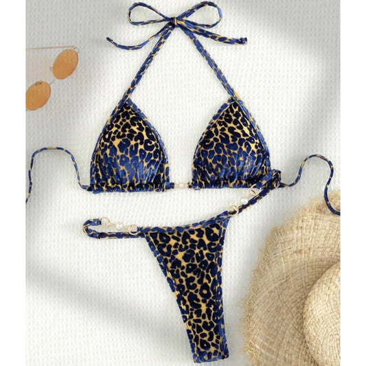 AMEHE Leopard Print Velvet Halter Two-Piece Bikini Swimsuit