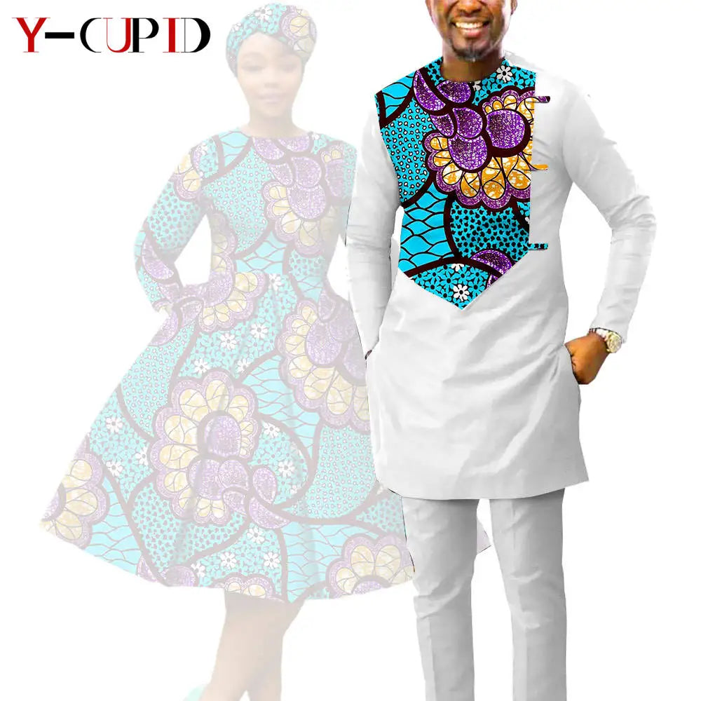 African Matching Couple Outfits | Dress, Headwrap & Men’s Dashiki Set