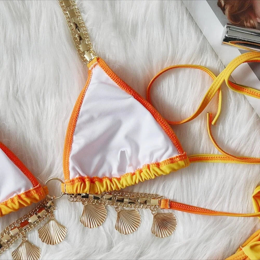 AMEHE Luxury Rhinestone Crystal Two-Piece Thong Bikini Swimsuit