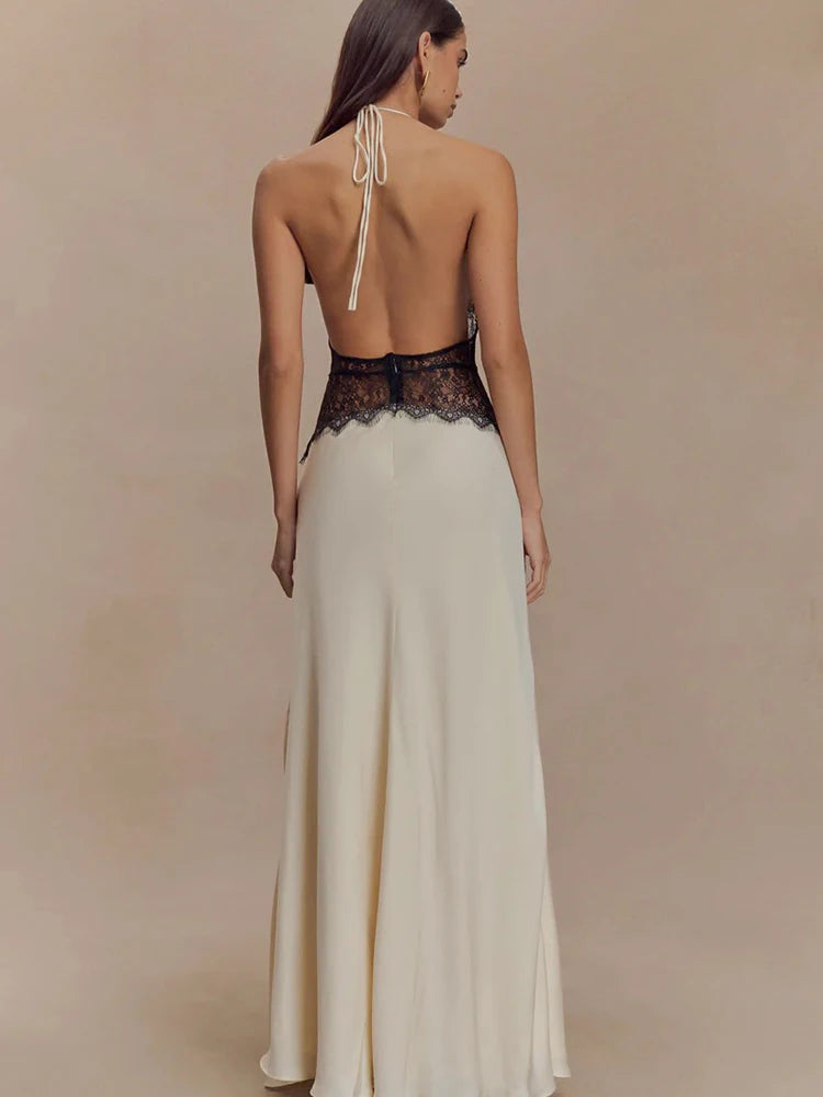 AMEHE Women's Lace Halter Deep V-Neck Backless Maxi Evening Dress