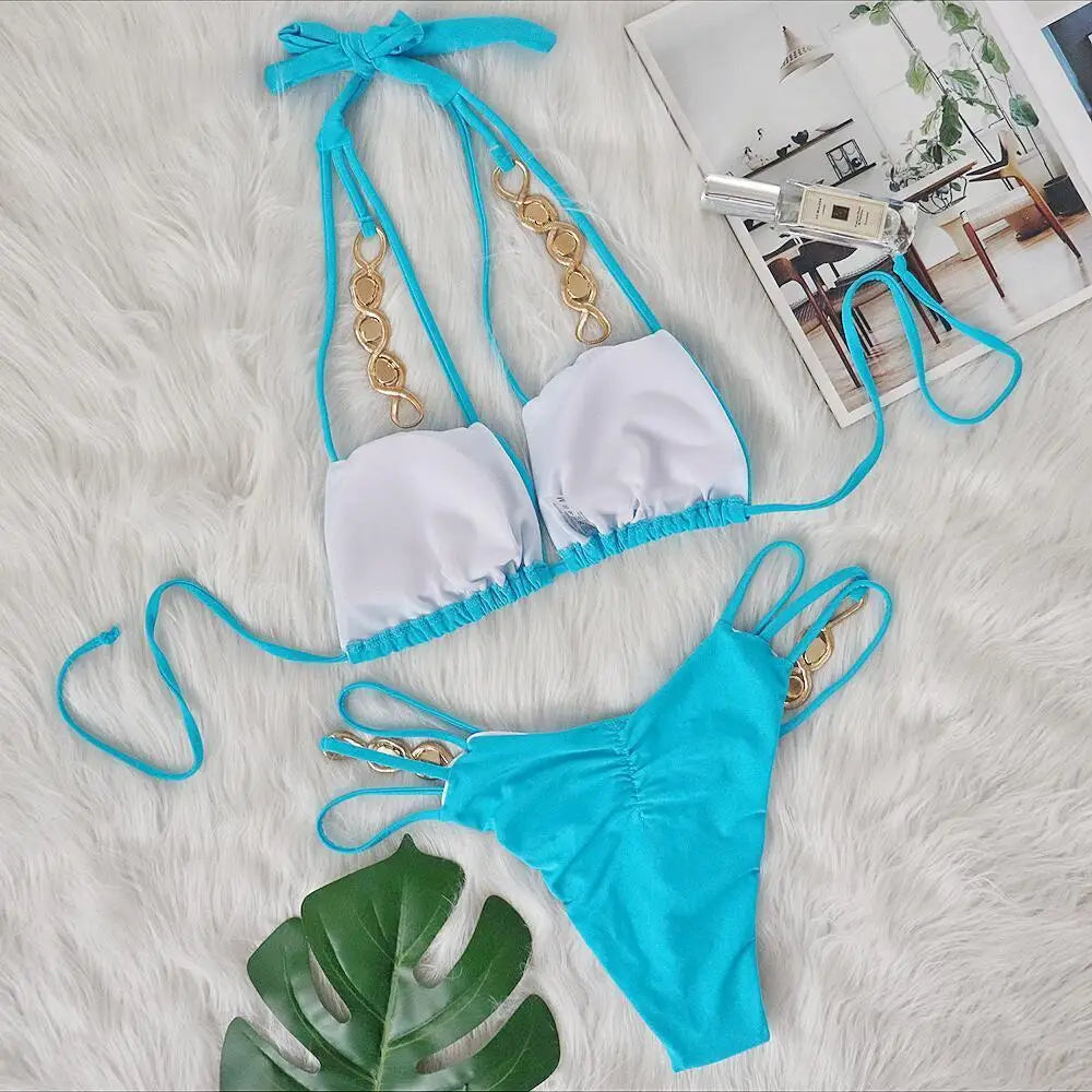 AMEHE Luxury Rhinestone Crystal Two-Piece Thong Bikini Swimsuit