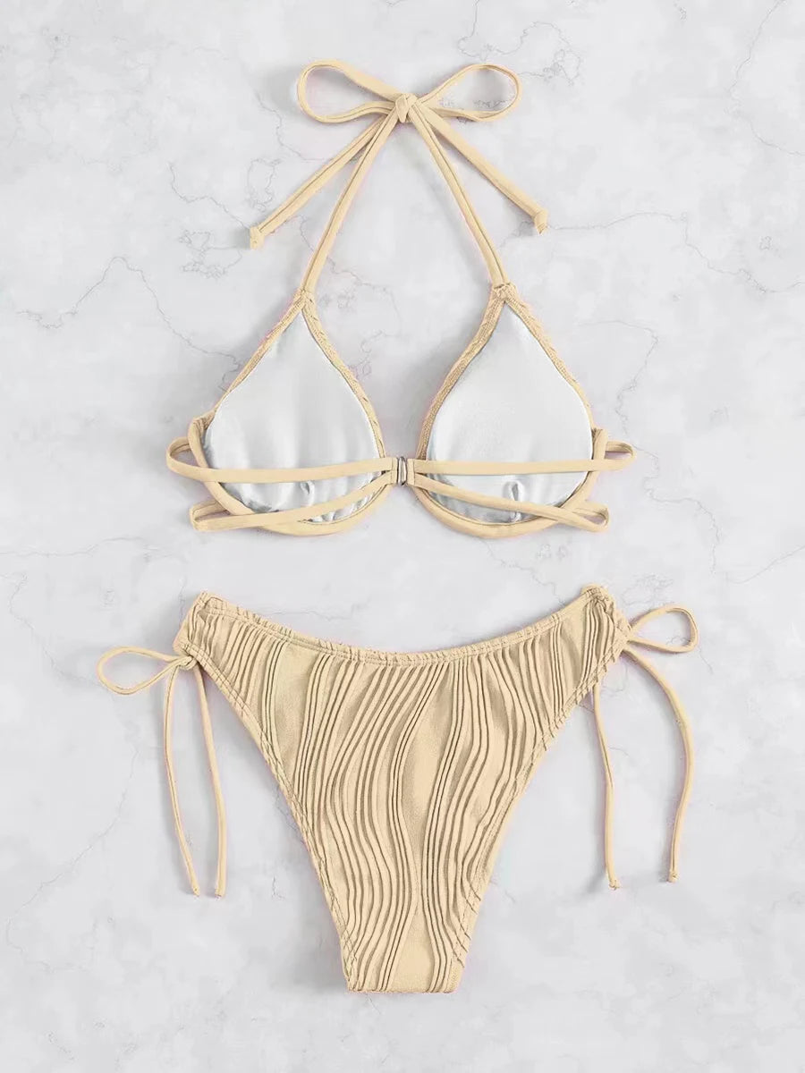 Women's Halter String Push-Up Bikini Set – Solid Color Two-Piece Swimsuit, Sexy Beach Swimwear