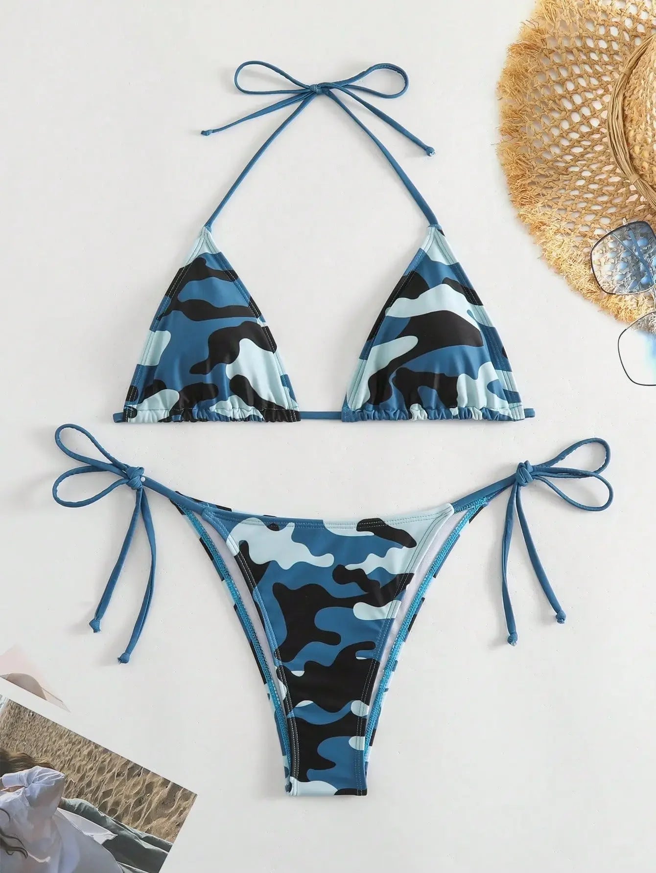 AMEHE Camouflage Print Lace-Up Thong Bikini Set