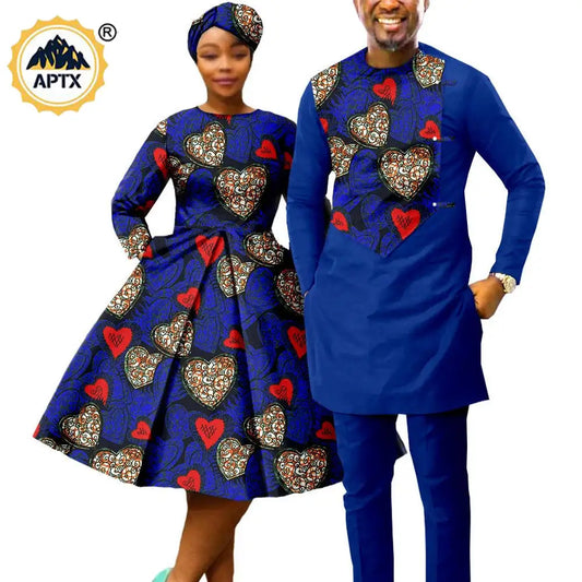 African Matching Couple Outfits – Women’s Print Dress & Headwrap with Men’s