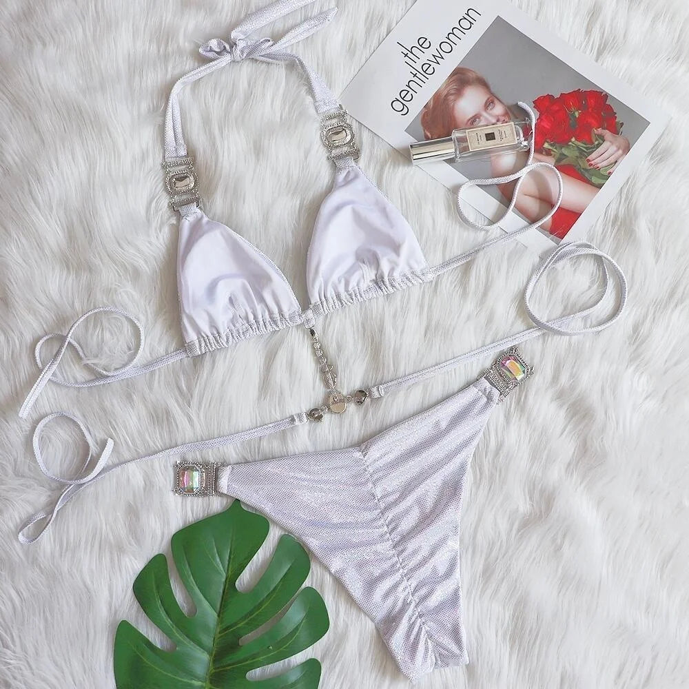 AMEHE Luxury Rhinestone Crystal Two-Piece Thong Bikini Swimsuit