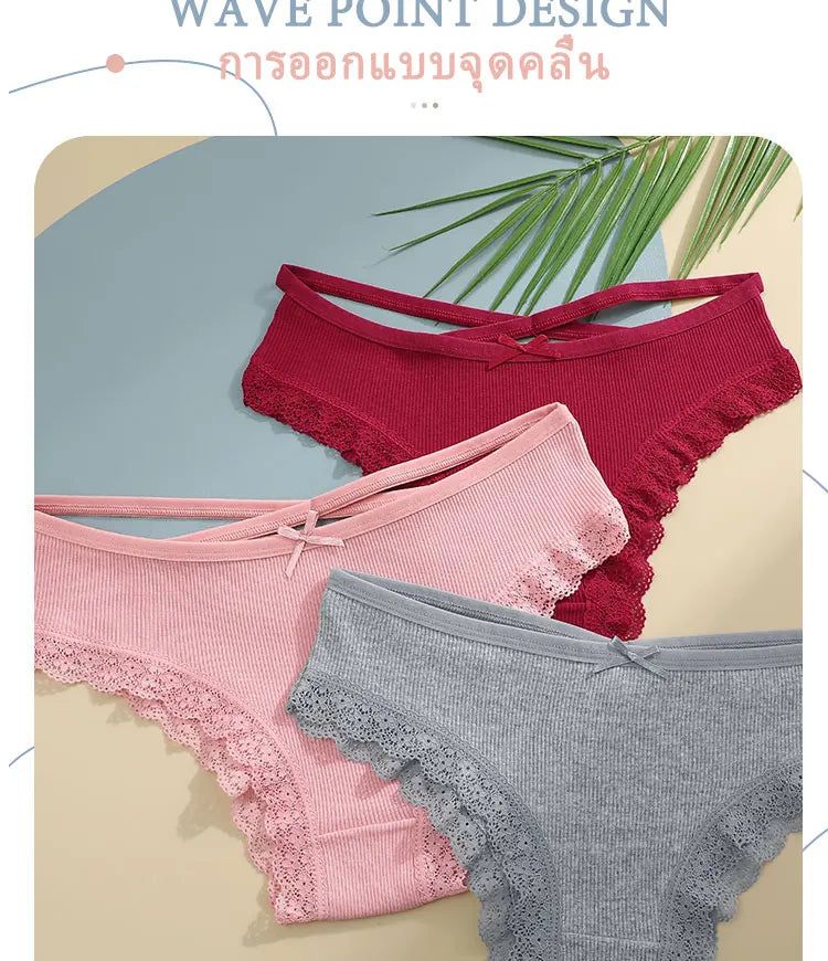 AMEHE Women's Cotton Mid-Waist Brief Panties 3-Pack with Bow Detail