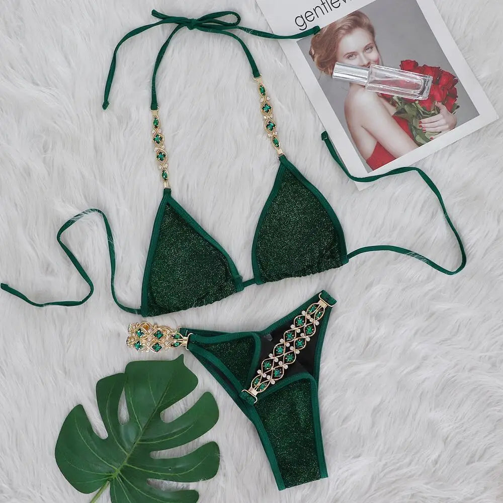 AMEHE Luxury Rhinestone Crystal Two-Piece Thong Bikini Swimsuit