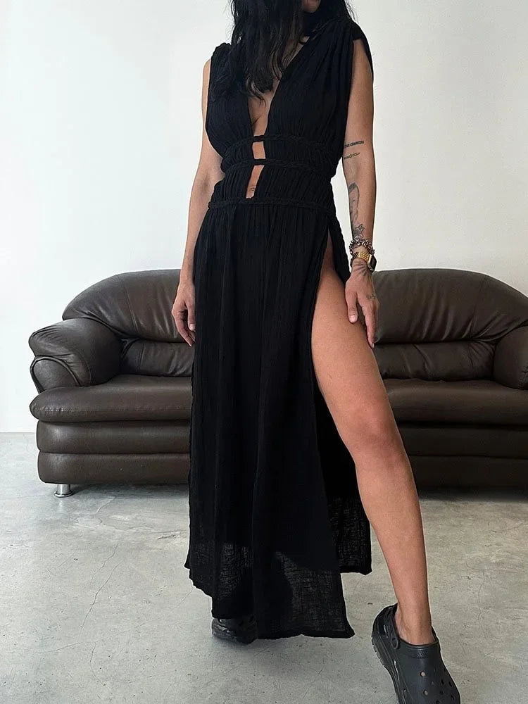 AMEHE Women's V-Neck Beach Maxi Cover-Up Dress with Braided Belt