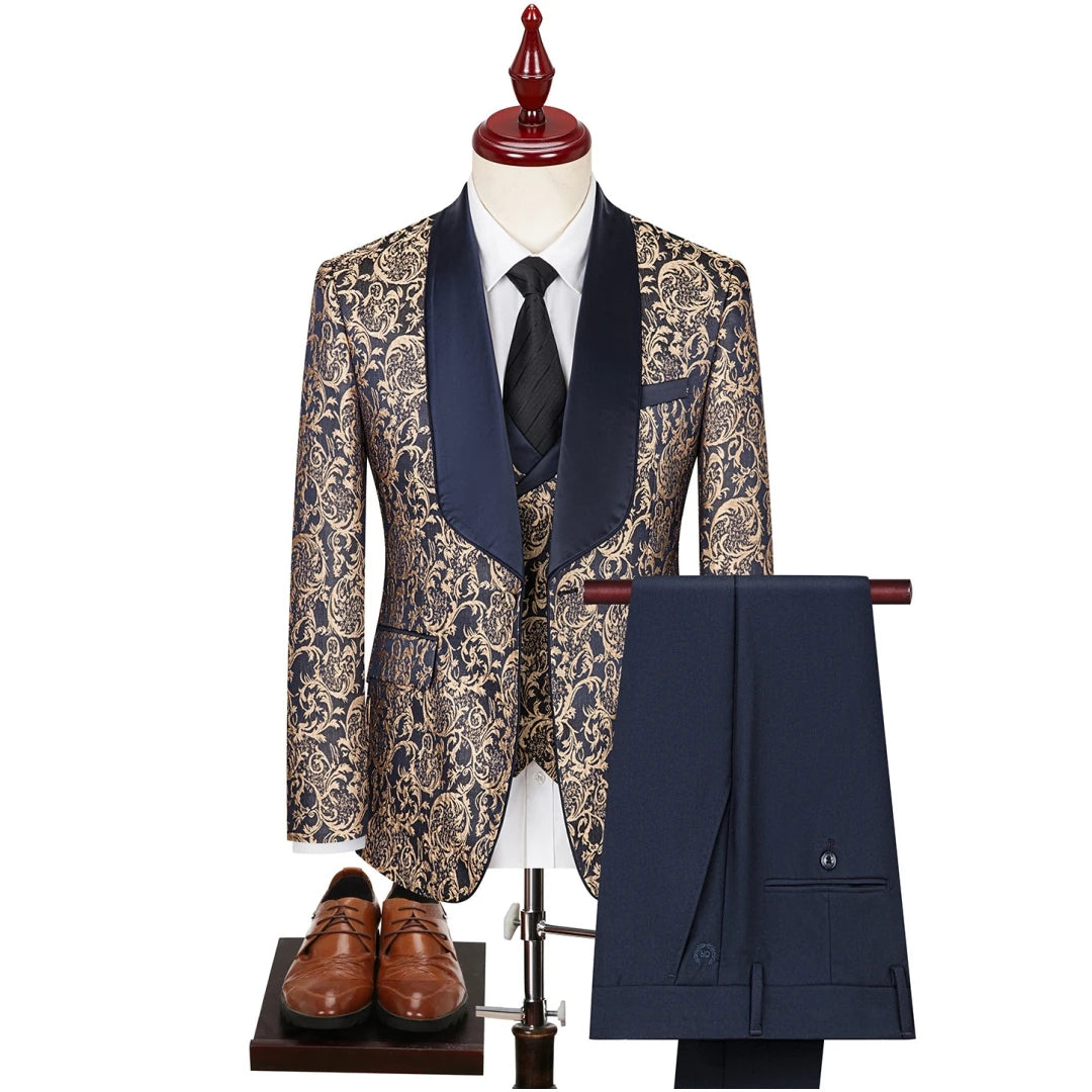 AMEHE Men’s Green Striped 3-Piece Tuxedo – Blazer, Vest & Pants