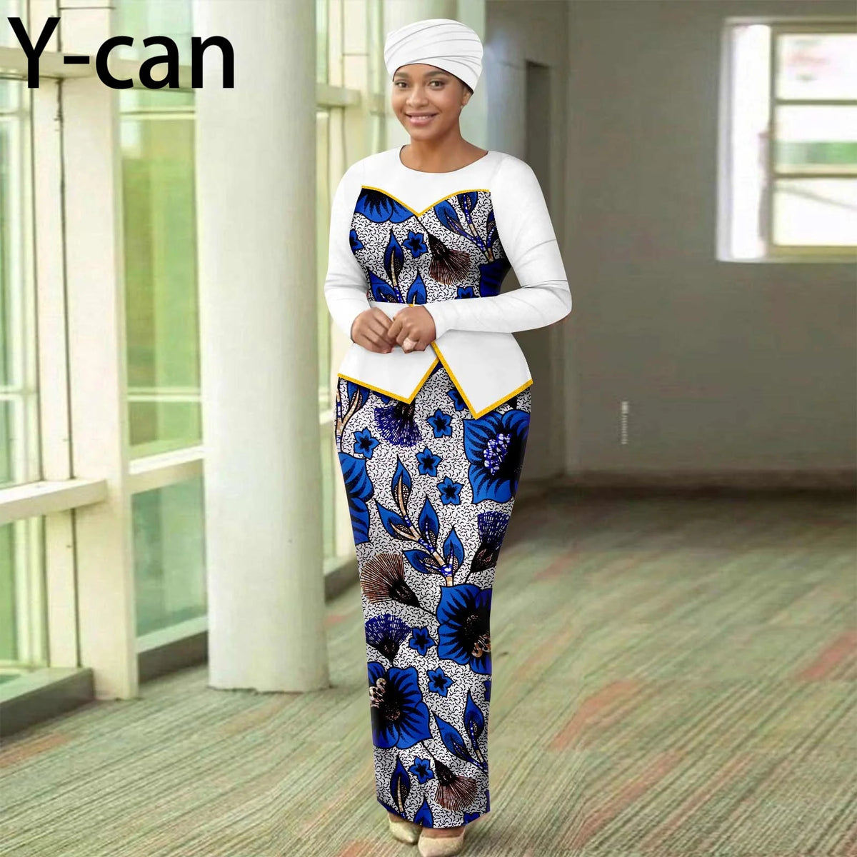 Women’s African Print Patchwork Gown with Headscarf – Elegant Wedding & Party Dress