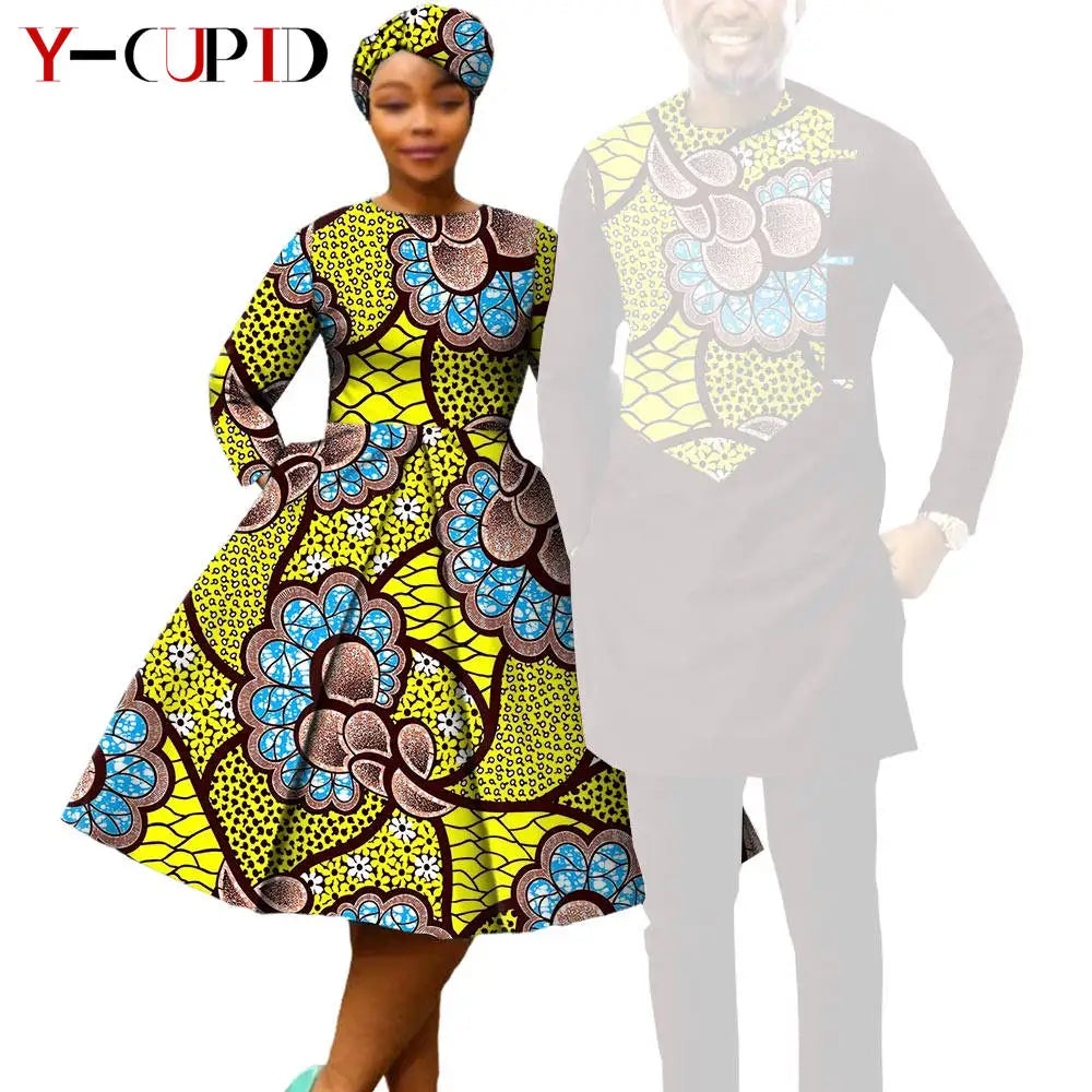 African Matching Couple Outfits | Dress, Headwrap & Men’s Dashiki Set