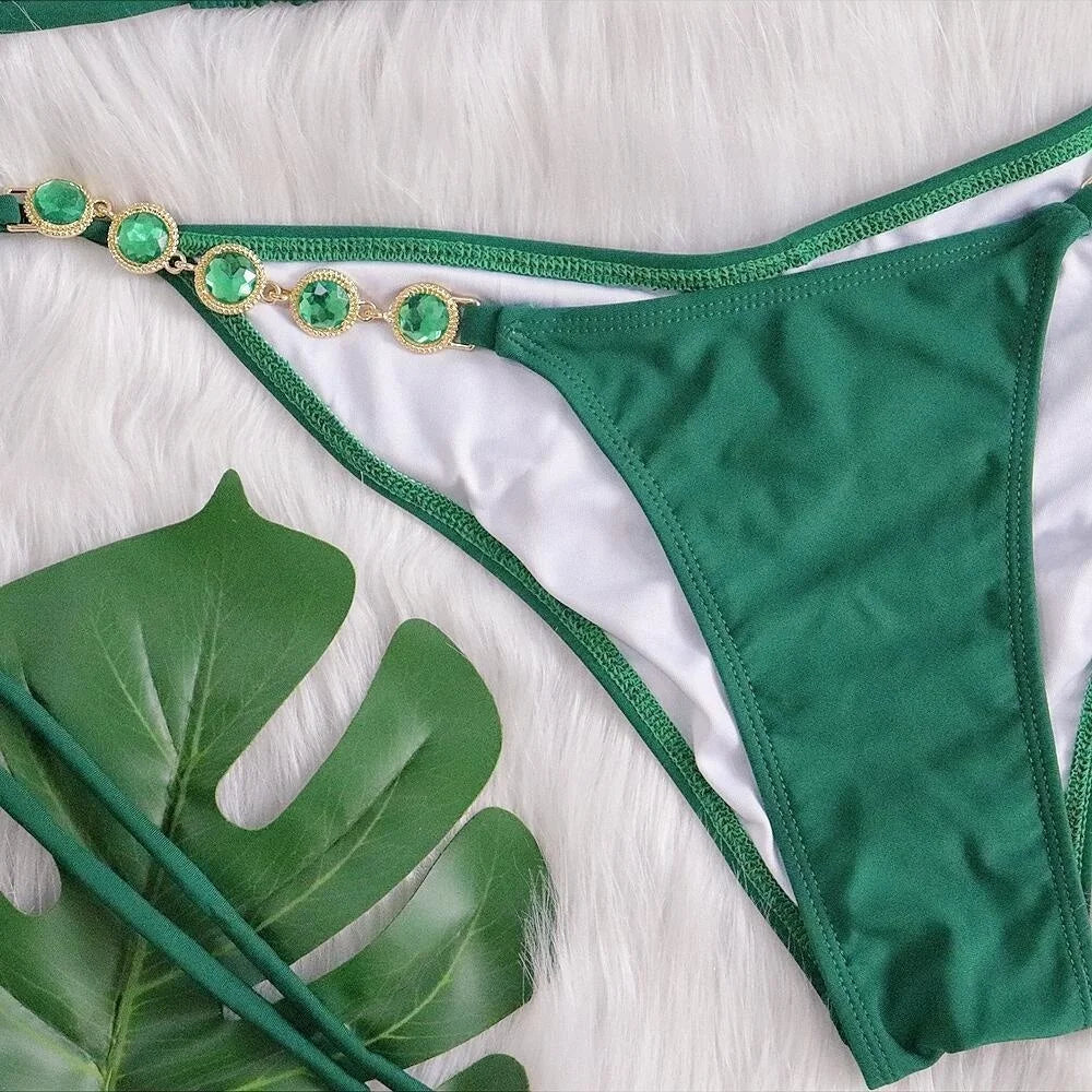 AMEHE Luxury Rhinestone Crystal Two-Piece Thong Bikini Swimsuit