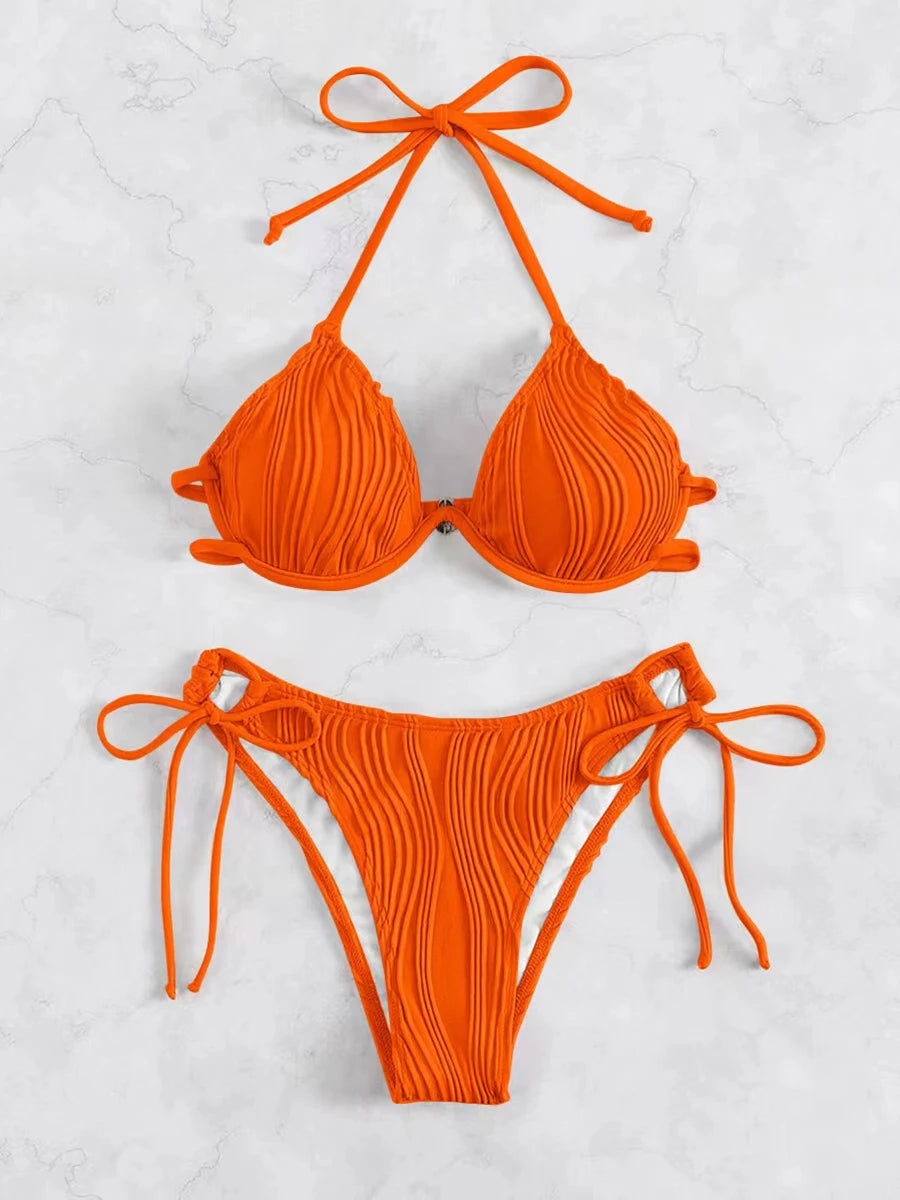 Women's Halter String Push-Up Bikini Set – Solid Color Two-Piece Swimsuit, Sexy Beach Swimwear