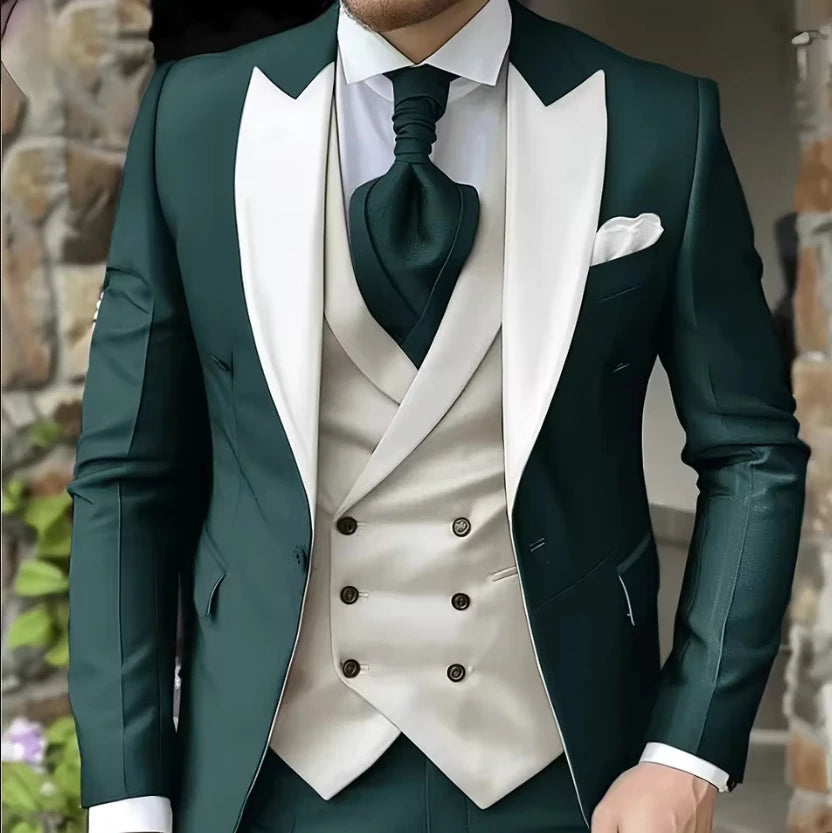 AMEHE Men’s White 3-Piece Tuxedo Suit – Blazer, Vest & Pants